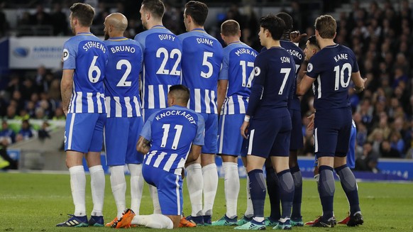 Anthony Kockaert of Brighton kneels down in the wall during the premier league match at the Amex Stadium, London. Picture date 17th April 2018. Picture credit should read: David Klein/Sportimage PUBLI ...