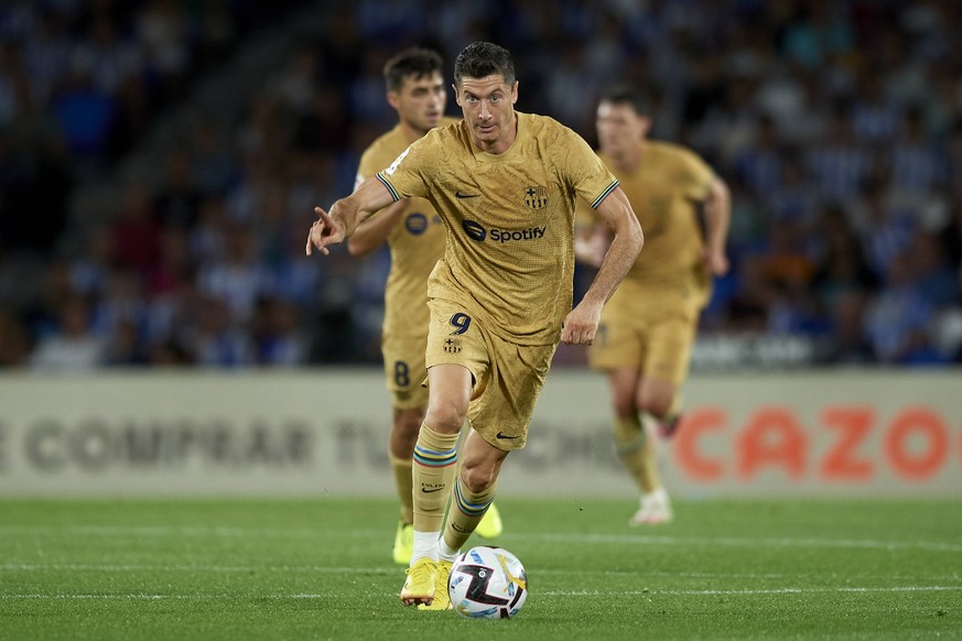 Real Sociedad v FC Barcelona, Barca - LaLiga Santander Robert Lewandowski centre-forward of Barcelona and Poland runs with the ball during the La Liga Santander match between Real Sociedad and FC Barc ...