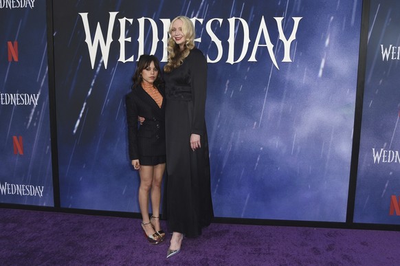 Jenna Ortega, left, and Gwendoline Christie attend a photo call with the cast of the television series &quot;Wednesday&quot; on Saturday, April 29, 2023, at the Hollywood Forever Cemetery in Los Angel ...