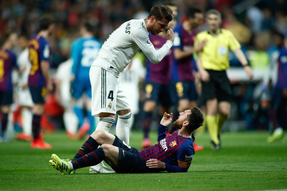March 2, 2019 - Madrid, MADRID, SPAIN - Lionel (Leo) Messi of FC Barcelona Barca fight with Sergio Ramos of Real Madrid during the spanish league, La Liga, football match played between Real Madrid an ...