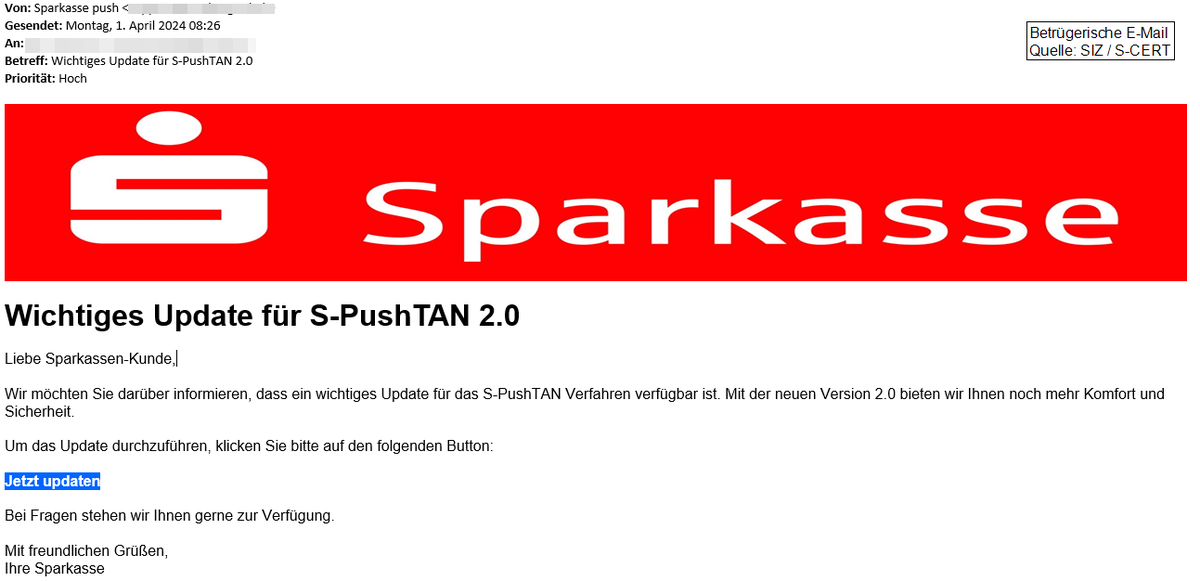 Die Phishing-Mail sieht auf den ersten Blick echt aus.