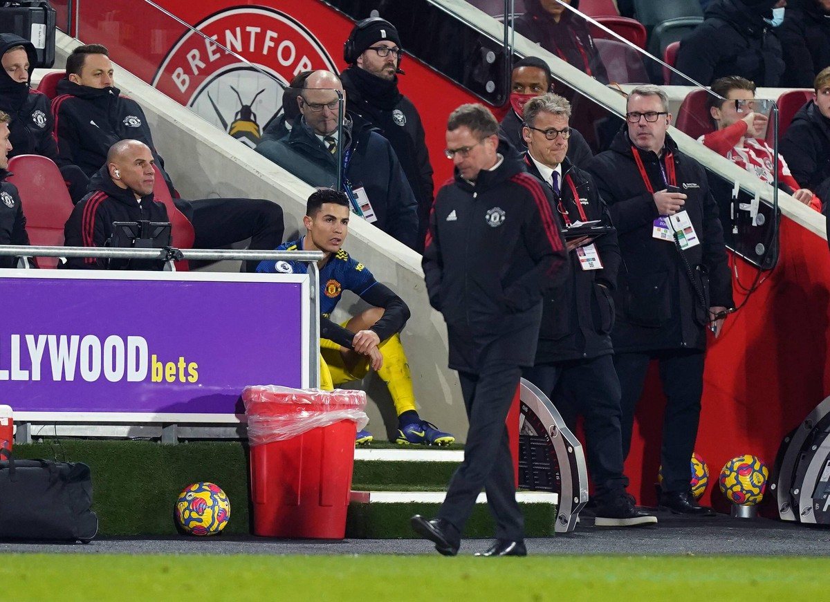 Brentford v Manchester United, ManU - Premier League - Brentford Community Stadium Manchester United s Cristiano Ronaldo after being replaced as manager Ralf Rangnick looks on during the Premier Leagu ...
