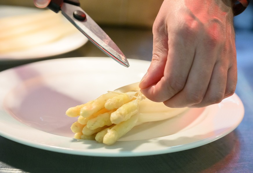 11.04.2024, Niedersachsen, Fuhrberg: Spargel wird im Restaurant vom Spargelhof Heuer in der Region Hannover serviert. Die Vereinigung der Spargel- und Beerenanbauer hat am Donnerstag