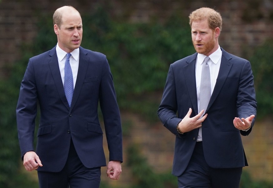 LONDON, ENGLAND - JULY 01: Prince William, Duke of Cambridge (left) and Prince Harry, Duke of Sussex arrive for the unveiling of a statue they commissioned of their mother Diana, Princess of Wales, in ...