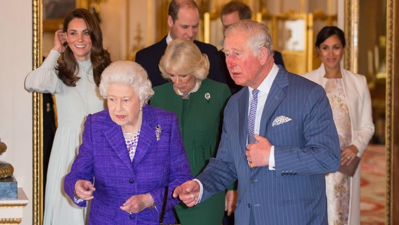 LONDON, ENGLAND - MARCH 5: Catherine, Duchess of Cambridge, Camilla, Duchess of Cornwall, Prince William, Duke of Cambridge, Prince Harry, Duke of Sussex, Queen Elizabeth II, Prince Charles, Prince of ...