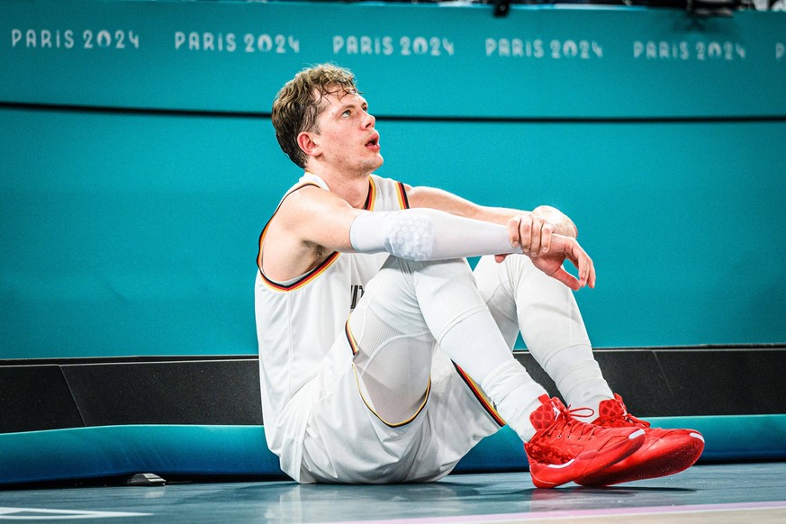 Moritz Wagner Germany looks dejected during the Mens Basketball Bronze Medal match between Germany and Serbia on Day 15 of the Olympic Games, Olympische Spiele, Olympia, OS Paris 2024 at Bercy Arena o ...