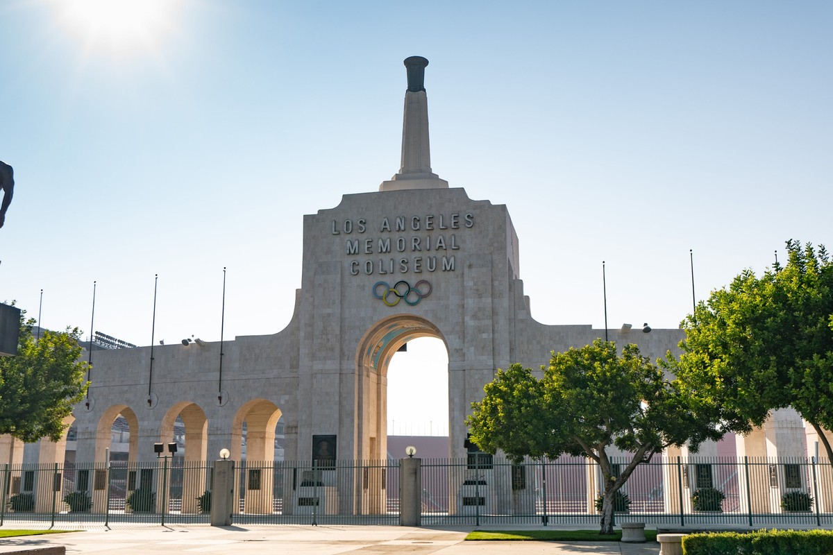 LOS ANGELES, CA - OCTOBER 09: General views of the Los Angeles Memorial Coliseum, home of the USC Trojans and the 2028 Summer Olympics, and the former home of the Los Angeles Rams on October 09, 2020  ...