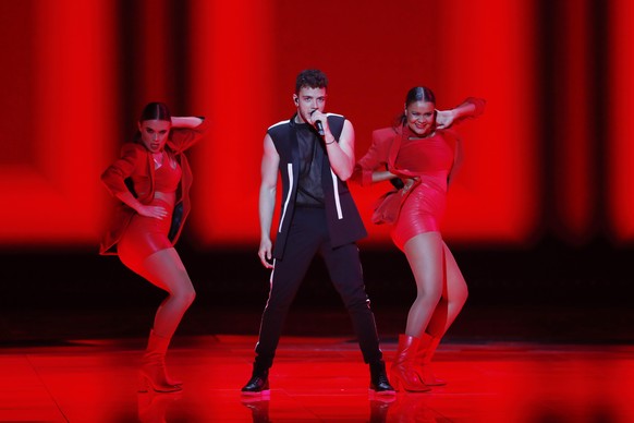 TEL AVIV, ISRAEL - MAY 18: Luca Hänni representing Switzerland, performs live on stage during the 64th annual Eurovision Song Contest held at Tel Aviv Fairgrounds on May 18, 2019 in Tel Aviv, Israel.  ...