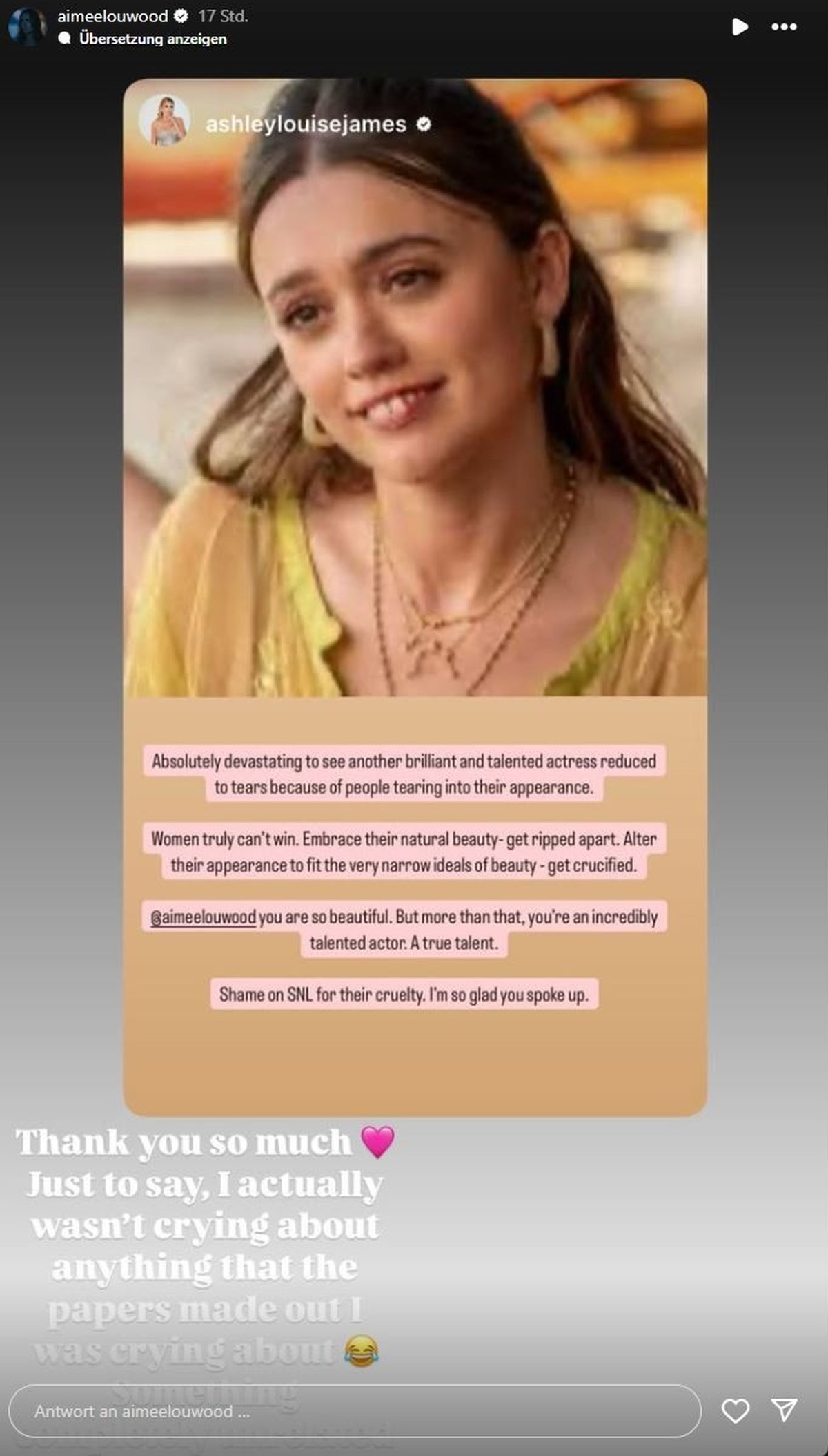 Aimee Lou Wood teilt eine Nachricht eines Fans und bezieht Stellung dazu.