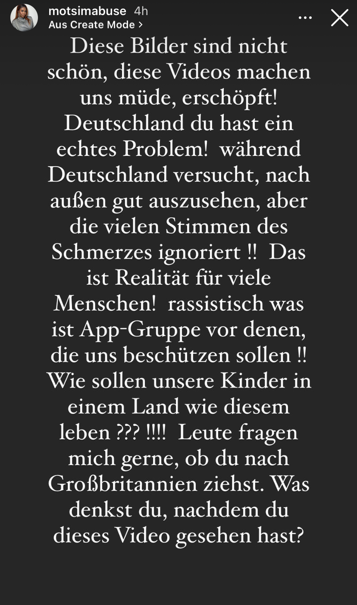 Motsi Mabuse teilt dieses Statement in ihrer Instagram-Story.