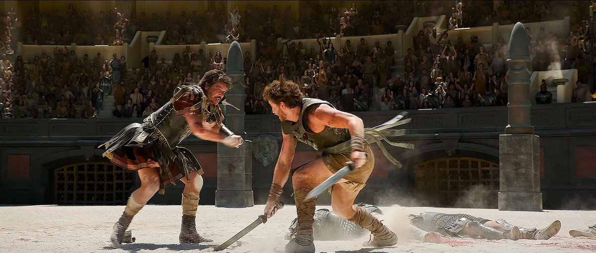 Gladiator II GLADIATOR II - FILM STILLS. 2024 . Malta, Morocco, UK. Pedro Pascal and Paul Mescal in Gladiator II Gladiator 2 - cParamount - an epic historical action film directed by Ridley Scott. A s ...