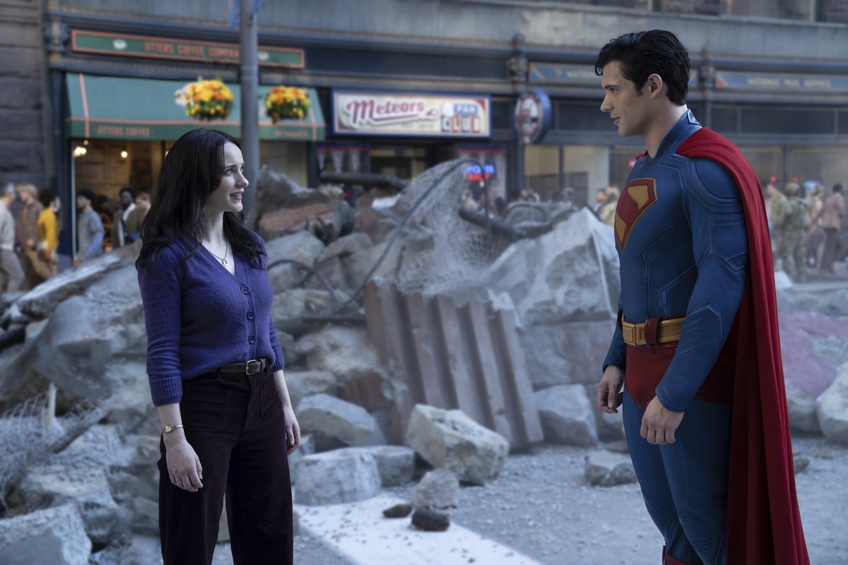 This image released by Warner Bros. Pictures shows Rachel Brosnahan, left, and David Corenswet in a scene from "Superman." (Warner Bros. Pictures via AP)