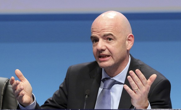 FILE - UEFA Secretary General Gianni Infantino speaks during a news conference at the end of the 39th Ordinary UEFA Congress in Vienna, Austria, on March 24, 2015. The last 32-team World Cup will be t ...
