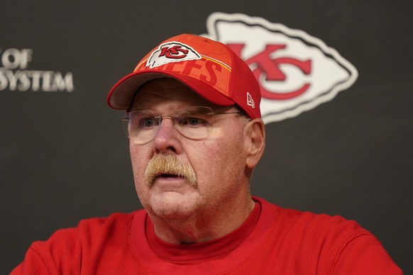 Kansas City Chiefs head coach Andy Reid talks to the media, Friday, Oct. 6, 2023, at the team&#039;s training facility in Kansas City, Mo. (AP Photo/Charlie Riedel)