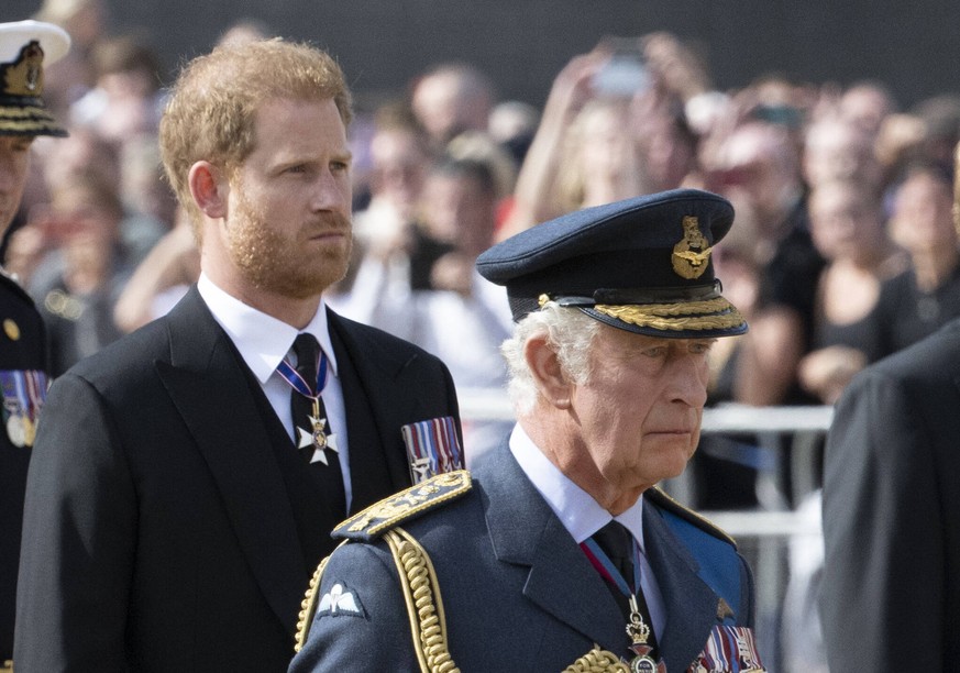 Ceremonial procession of the coffin of Queen Elizabeth II from Buckingham Palace to Westminster Hall where Her Majesty will lie in state Featuring: Prince Harry, King Charles III Where: London, United ...