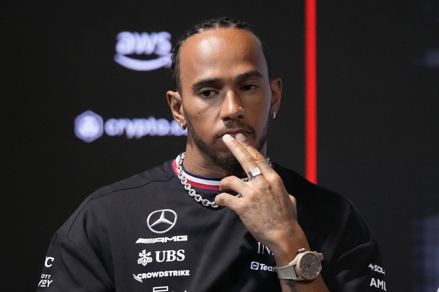 Mercedes driver Lewis Hamilton of Britain speaks to media ahead of the Formula On Saudi Arabian Grand Prix in Jeddah, Saudi Arabia, Thursday, March 16, 2023. (AP Photo/Hassan Ammar)