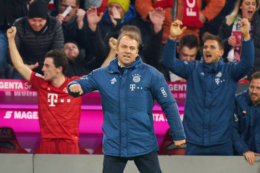 Football Munich - Paderborn, Munich Feb 21, 2020. headcoach Hansi FLICK FCB, team manager, coach, celebrates 3-2 goal, of Robert LEWANDOWSKI, FCB 9 FC BAYERN MUNICH - SC PADERBORN 07 3-2 - DFL REGULAT ...