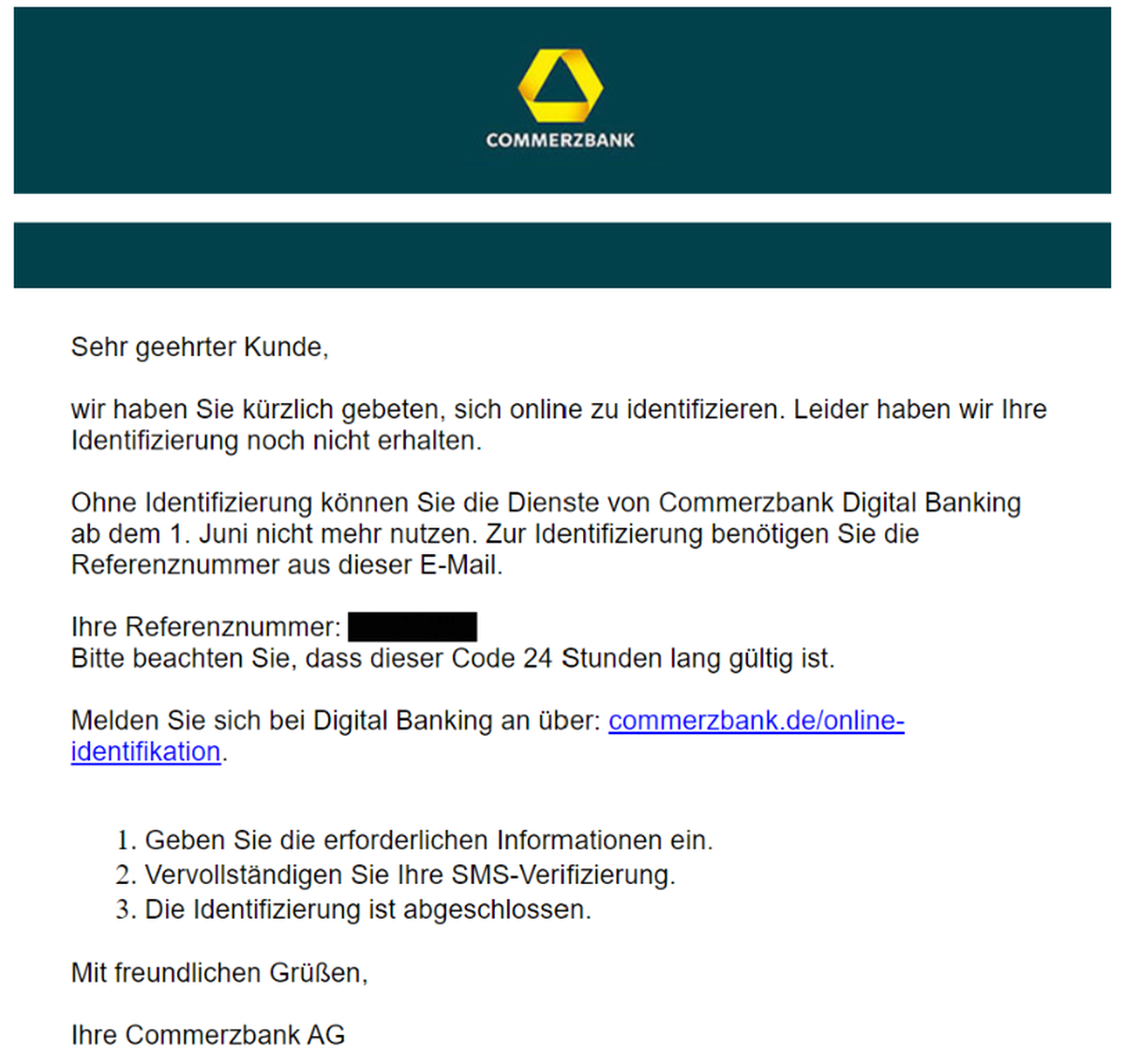 Die Verbraucherzentrale warnt vor einer Phishing-Mail im Namen der Commerzbank.