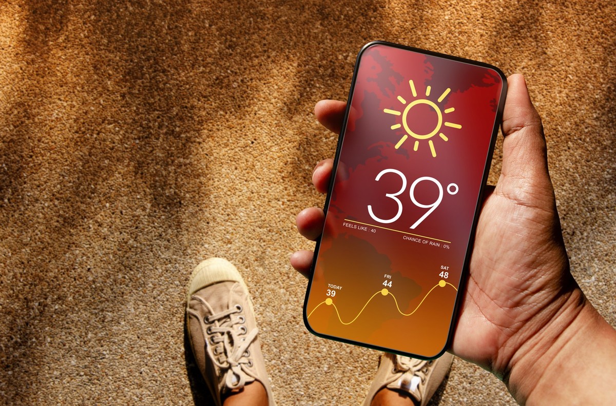 Ecology and Technology Concept. High Temperature Weather show on Mobile Screen on Hot Sunny Day. Top View, Grunge Dirty Concrete Floor with Sunlight as background