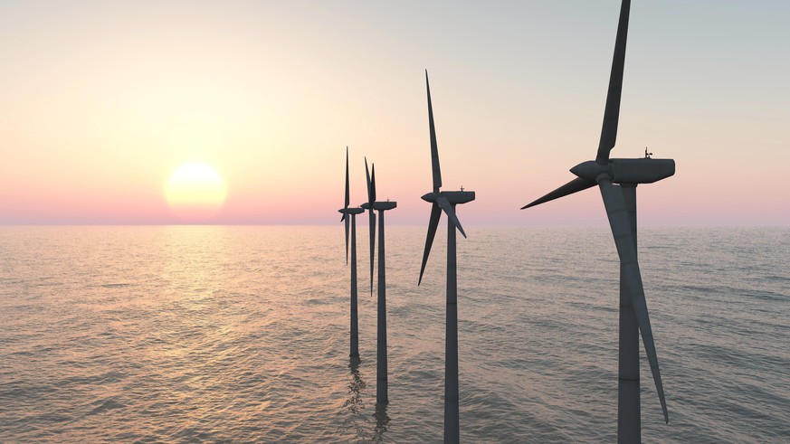 Computer generated 3D illustration with offshore wind turbines at sunset