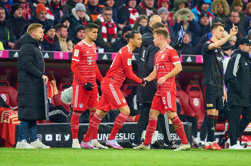 Joshua KIMMICH, FCB 6 Leroy SANE, FCB 10 Joao Cancelo, FCB 22 in the match FC BAYERN MUENCHEN - 1. FC UNION BERLIN 3-0 1.German Football League on Feb 26, 2023 in Munich, Germany. Season 2022/2023, ma ...