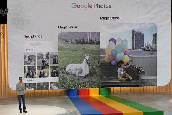 Alphabet CEO Sundar Pichai speaks at a Google I/O event in Mountain View, Calif., Wednesday, May 10, 2023. (AP Photo/Jeff Chiu)