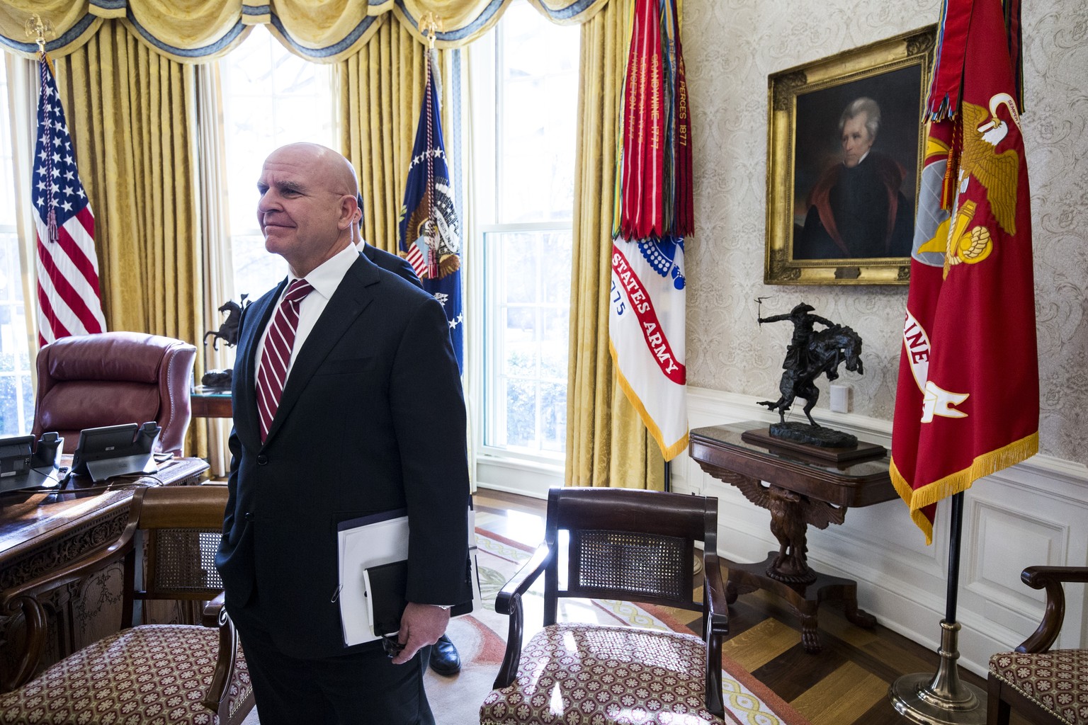 WASHINGTON, DC - FEBRUARY 02: H.R. McMaster, national security advisor, listens as U.S. President Donald Trump meets with North Korean defectors in the Oval Office of the White House on February 2, 20 ...