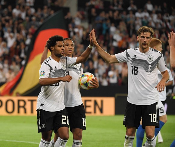 11.06.2019, Fussball, EM Qualifikation 2018 2019, 4. Spieltag, Deutschland - Estland 8:0, Jubel v.li., Serge Gnabry (Deutschland), Leroy Sane (Deutschland), Leon Goretzka (Deutschland) *** 11 06 2019, ...