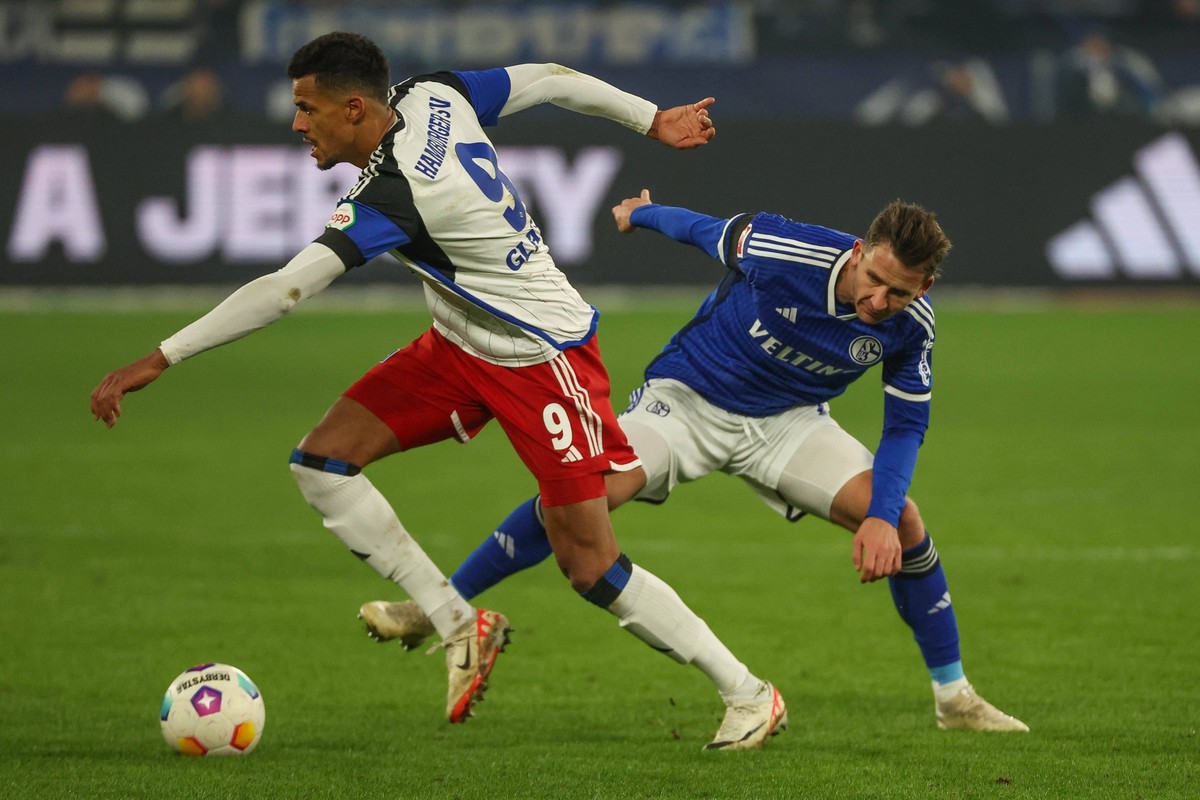 2. Bundesliga - FC Schalke 04 - Hamburger SV am 20.01.2024 in der Veltins-Arena auf Schalke Robert Glatzel Hamburger SV 9 gegen Paul Seguin Schalke 7 *** 2 Bundesliga FC Schalke 04 Hamburger SV on 20  ...