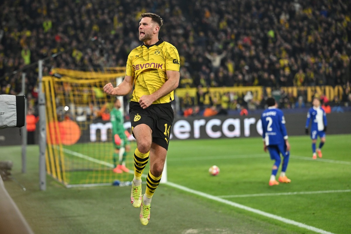 16.04.2024, Nordrhein-Westfalen, Dortmund: Fußball: Champions League, Borussia Dortmund - Atlético Madrid, K.o.-Runde, Viertelfinale, Rückspiele, Signal Iduna Park. Dortmunds Niclas Füllkrug jubelt na ...