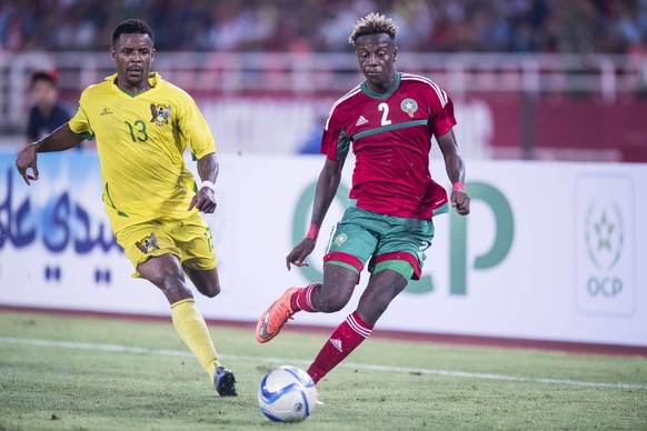 (L-R) Leonildo Soares G de Ceita of Sao Tome e Principe, Hamza Mendyl of Morocco during the Africa Cup of Nations match between Morocco and Sao Tome E Principe at September 4, 2016 at the Complexe Spo ...