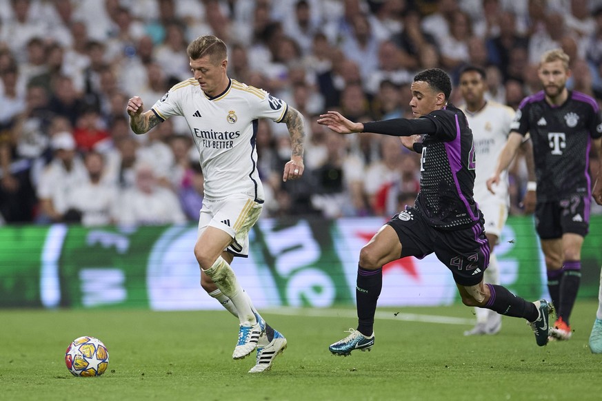 Toni Kroos of Real Madrid CF with the ball during the UEFA Champions League match between Real Madrid and Bayern Munich at Santiago Bernabeu Stadium on May 8, 2024 in Madrid, Spain. Photo by: LGM FOOT ...