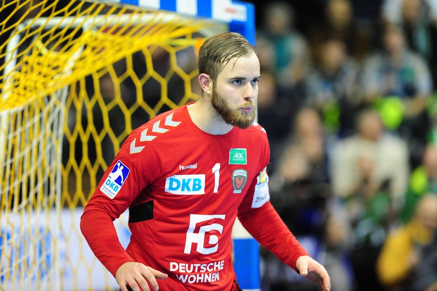 Fredrik Genz (GER / TW 1 Fuechse Berlin) - Aktion - Spielszene - Querformat - quer - horizontal - Event/Veranstaltung: Fuechse Berlin vs. Rhein Neckar Loewen / Viertelfinale / DHB-Pokal Saison 2018/19 ...