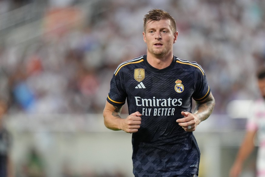 ORLANDO, FL - AUGUST 02: Real Madrid midfielder Toni Kroos 8 jogs to the corner before sending in the ball in the first half during the Soccer Champions Tour match between Juventus and Real Madrid on  ...