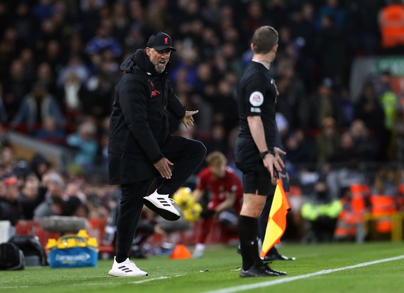 Liverpool v Leicester City - Premier League - Anfield Liverpool manager Jurgen Klopp appeals to an official during the Premier League match at Anfield, Liverpool. Picture date: Friday December 30, 202 ...