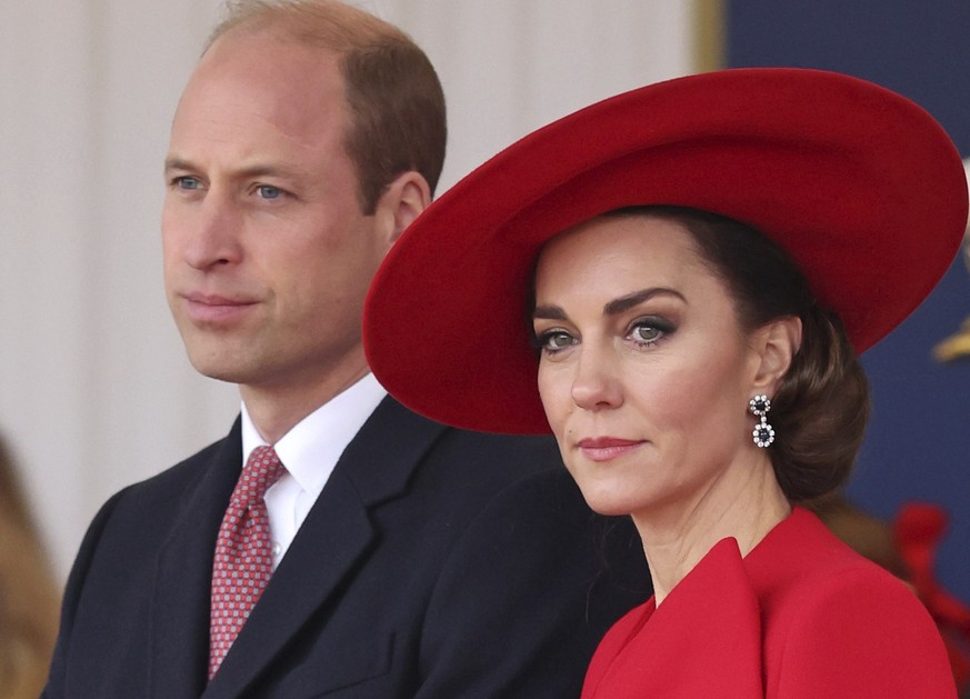 FILE - Britain&#039;s Prince William, left, and Britain&#039;s Kate, Princess of Wales, attend a ceremonial welcome for the President and the First Lady of the Republic of Korea at Horse Guards Parade ...