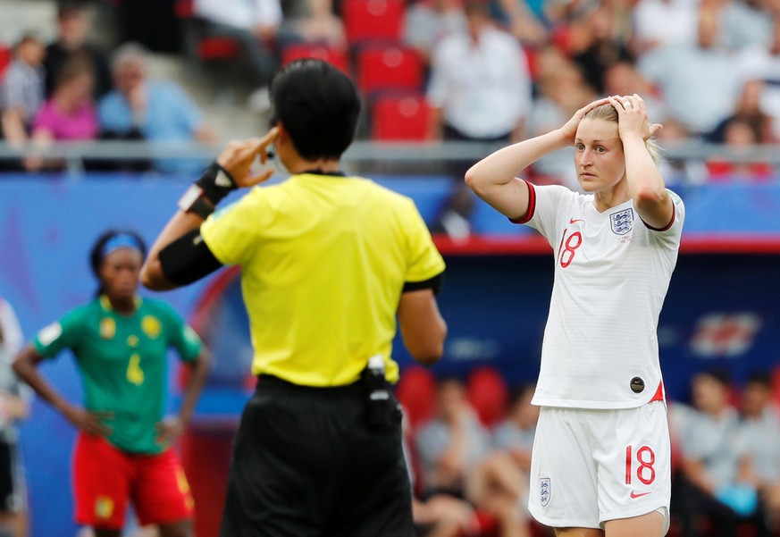 Soccer Football - Women's World Cup - Round of 16 - England v Cameroon - Stade du Hainaut, Valenciennes, France - June 23, 2019 England's Ellen White reacts during a VAR review REUTERS/Bernadett Szabo