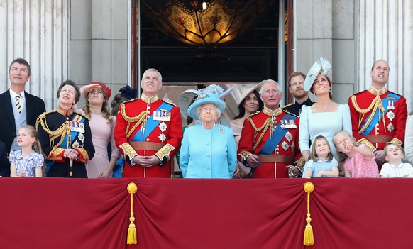 LONDON, ENGLAND - JUNE 09: Princess Anne, Princess Royal, Princess Beatrice, Lady Louise Windsor, Prince Andrew, Duke of York, Queen Elizabeth II, Meghan, Duchess of Sussex, Prince Charles, Prince of  ...