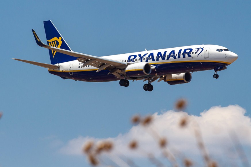 July 15, 2019 - Athina, Attica, Greece - Ryanair Boeing 737-800 aircraft landing at Athens International Airport AIA Eleftherios Venizelos ATH LGAV during a summer blue sky day. The airplane has 2 CFM ...