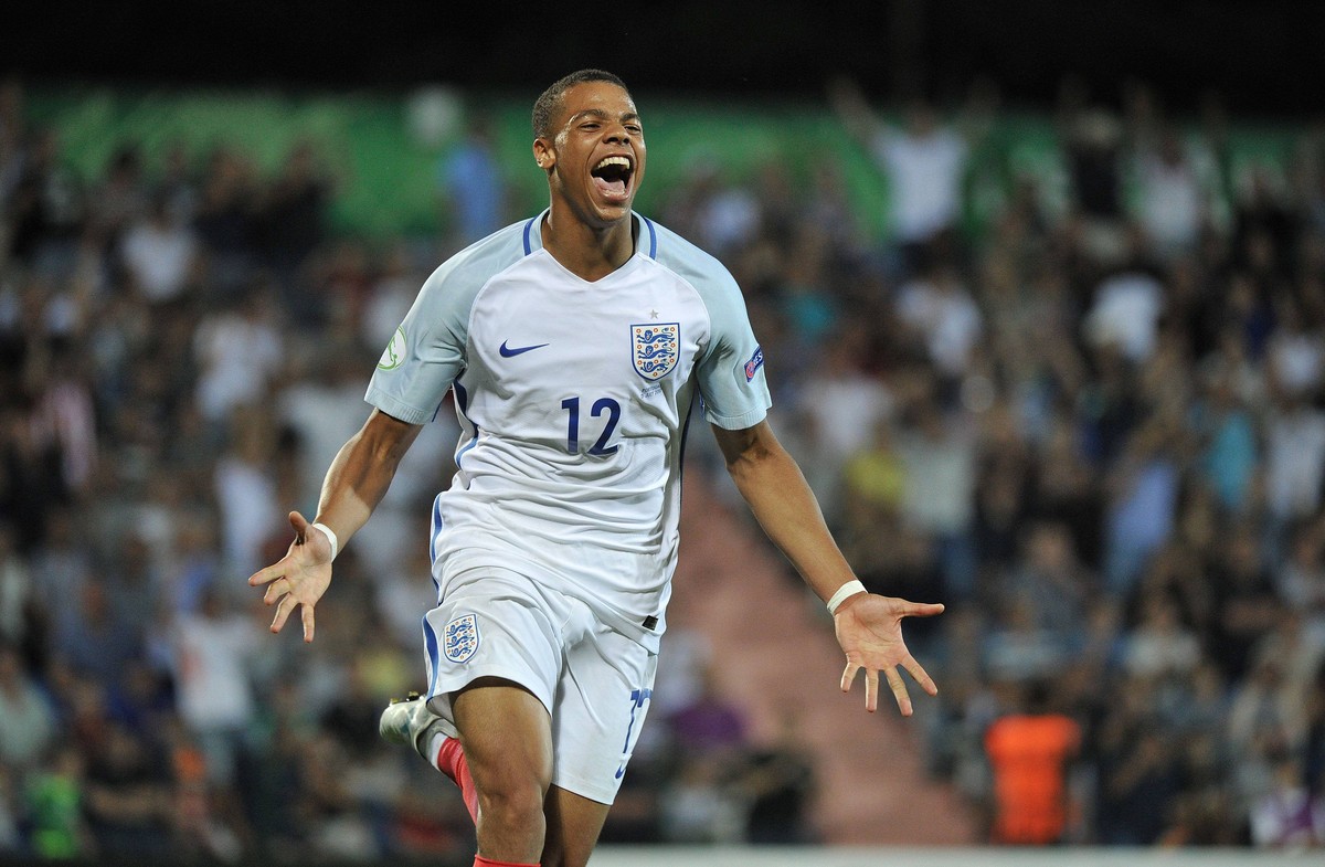 (170716) -- TBILISI, July 16, 2017 -- England s Lukas Nmecha celebrates scoring during the final match of the UEFA European U19 Championship between Portugal and England in Tbilisi, Georgia, on July 1 ...