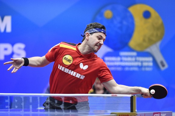 Timo Boll of Germany in action during the match against Cristian Pletea of Romania in the group A match Romania-Germany at the World Team Table Tennis Championships 2018 at Halmstad Arena in Halmstad, ...