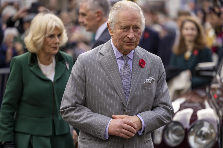 FILE - Britain&#039;s King Charles III and Camilla, Queen Consort, walkabout to meet members of the public following a ceremony at Micklegate Bar, in York, England, Wednesday Nov. 9, 2022. King Charle ...