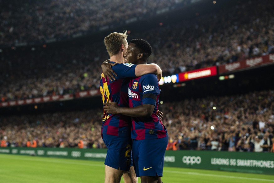 14th September 2019; Camp Nou, Barcelona, Catalonia, Spain; La Liga Football, Barcelona versus Valencia Club de Futbol; Ansu Fati and Frankie de Jong celebrating de Jongs goal in the games 7th minute  ...