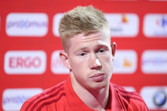 Belgium s Kevin De Bruyne pictured during a press contact with some players of the Belgian national soccer team Red Devils, Friday 08 June 2018, in Tubize. The Red Devils started their preparations fo ...