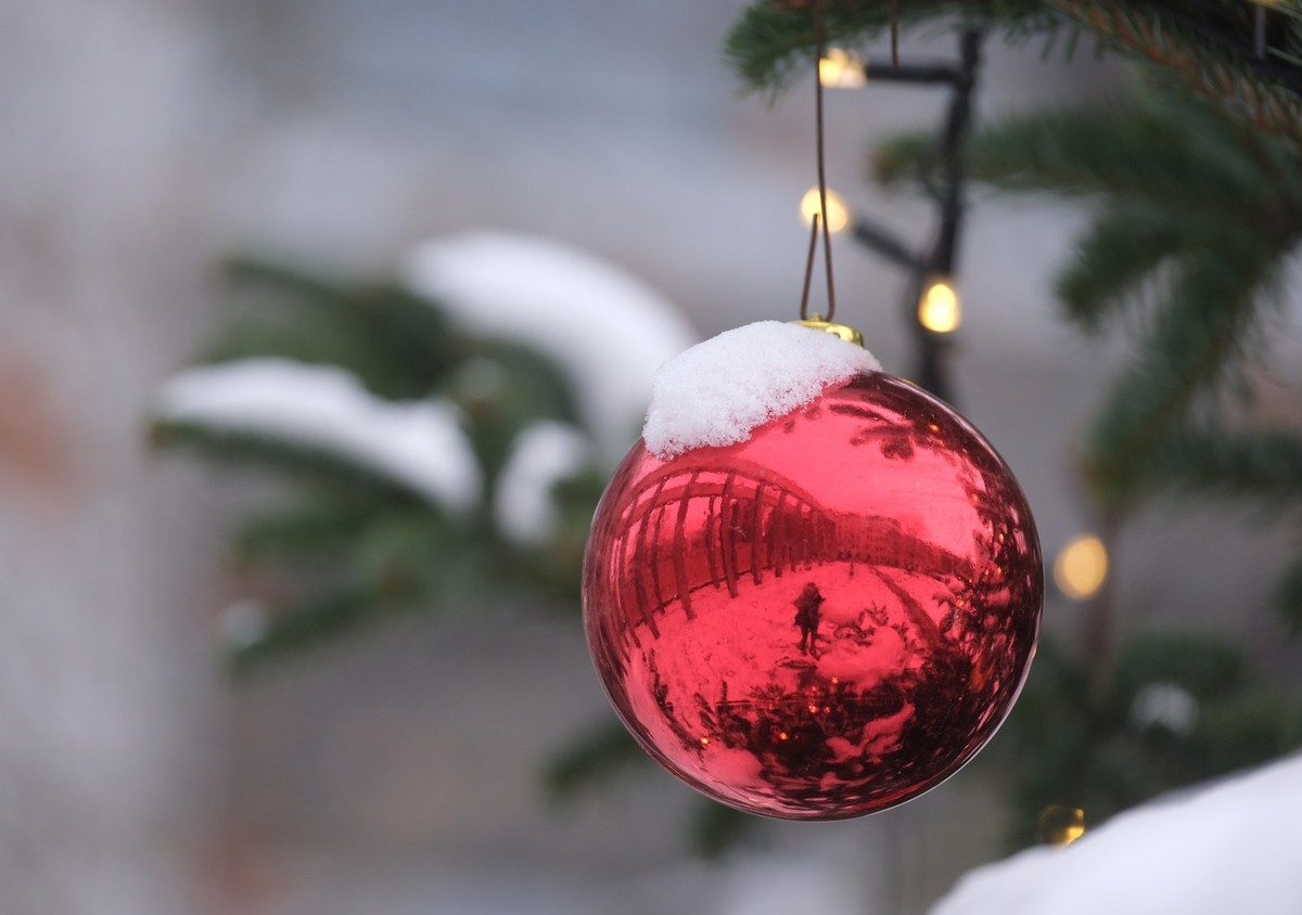 ARCHIV - 04.12.2023, Sachsen, Leipzig: Eine schneebedeckte Kugel an einem Weihnachtsbaum. (zu dpa «Faktencheck: Gibt es nie mehr weiße Weihnachten?») Foto: Sebastian Willnow/dpa +++ dpa-Bildfunk +++