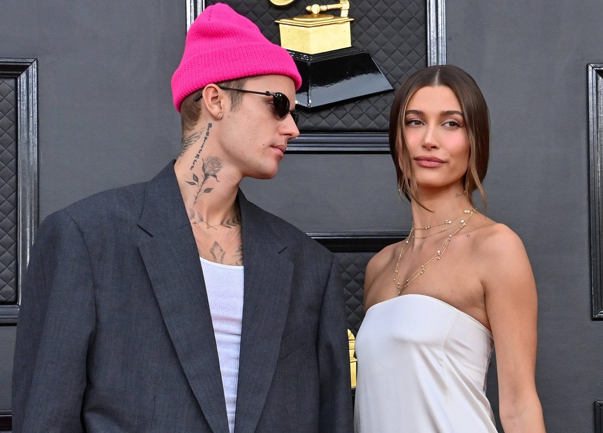 Justin Bieber and Hailey Bieber arrive for the 64th annual Grammy Awards at the MGM Grand Garden Arena in Las Vegas, Nevada on Sunday, April 3, 2022. PUBLICATIONxINxGERxSUIxAUTxHUNxONLY LAV20220403673 ...