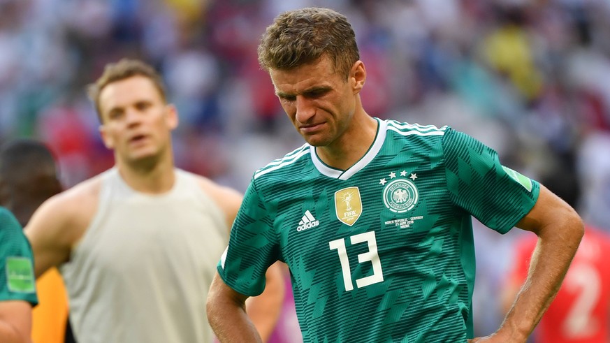 Thomas MUELLER (GER) nach Spielende, weint,weinen, enttaeuscht,frustriert,niedergeschlagen,, Aktion,Einzelbild,angeschnittenes Einzelmotiv,Halbfigur,halbe Figur. Suedkorea (KOR)- Deutschland (GER) 2-0 ...