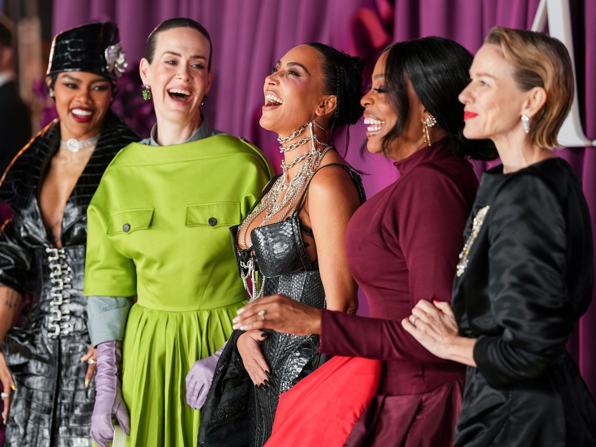 Teyana Taylor, from left, Sarah Paulson, Kim Kardashian, Niecy Nash, and Naomi Watts pose for photographers upon arrival at the premiere of the television series &quot;All&#039;s Fair&quot; on Wednesd ...