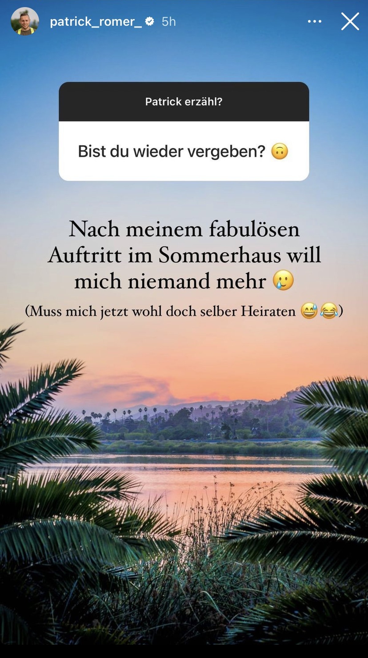 Patrick geht auf die Frage ein, ob er wieder vergeben sei.