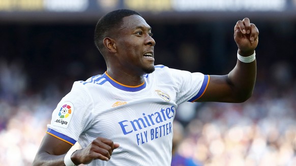 Real Madrid&#039;s David Alaba celebrates after scoring his sides first goal during the Spanish La Liga soccer match between FC Barcelona and Real Madrid at the Camp Nou stadium in Barcelona, Spain, S ...